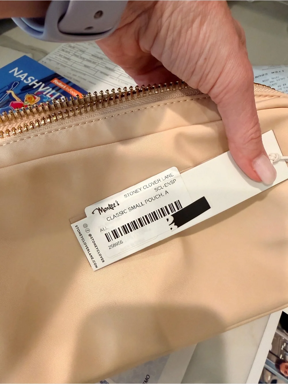 Stoney Clover Lane Creamy Beige Zip Cosmetic Pouch with Gold Hardware